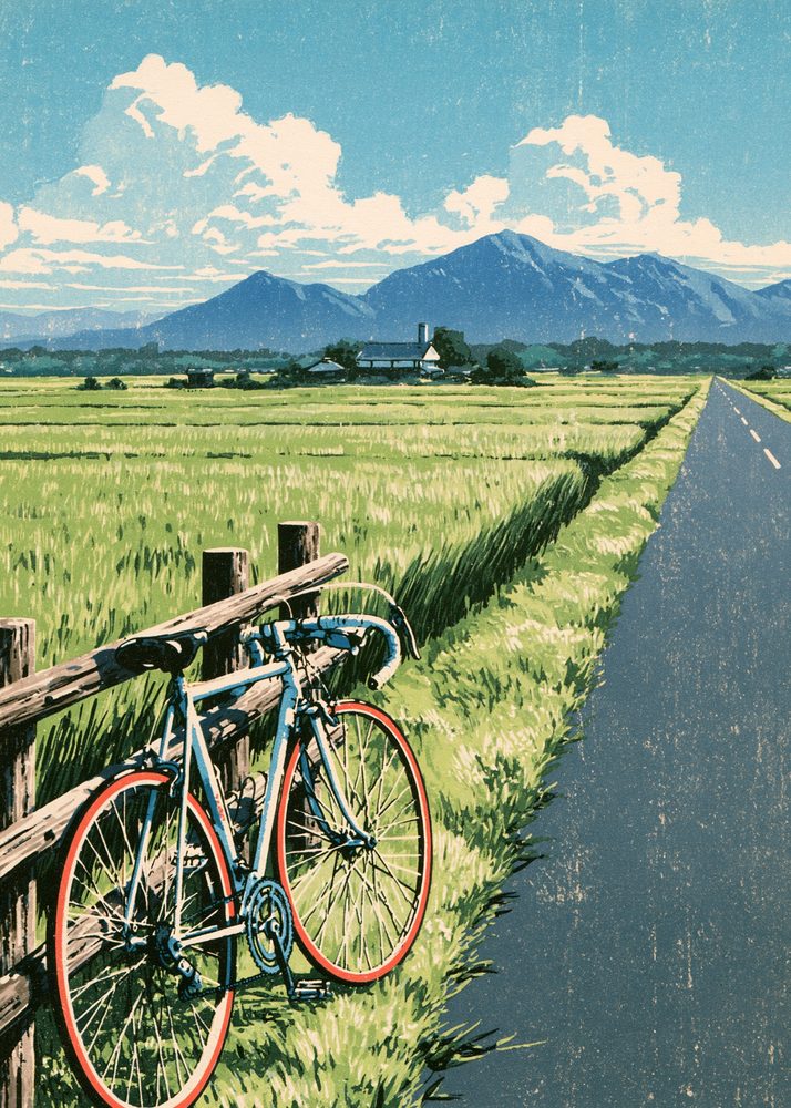 A bicycle beside green rice fields and mountains