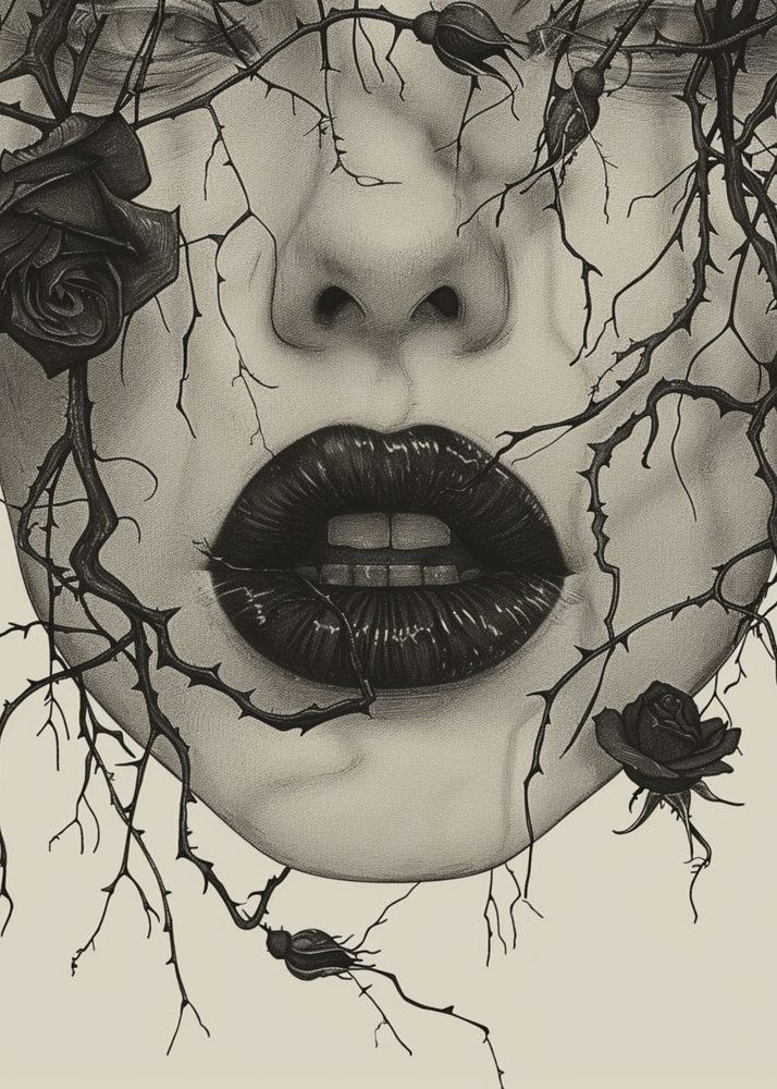 A close-up of dark lips with thorny branches