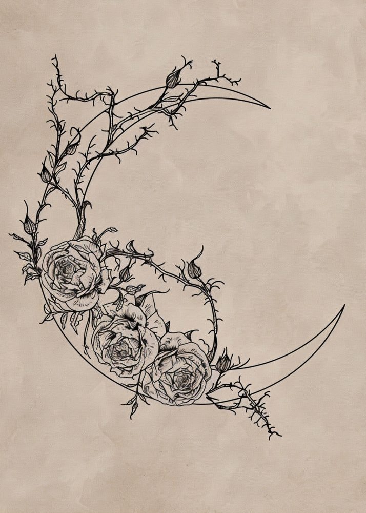 A crescent moon made of flowers and thorns