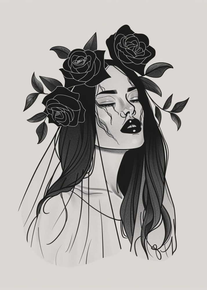 A woman with black roses in her hair