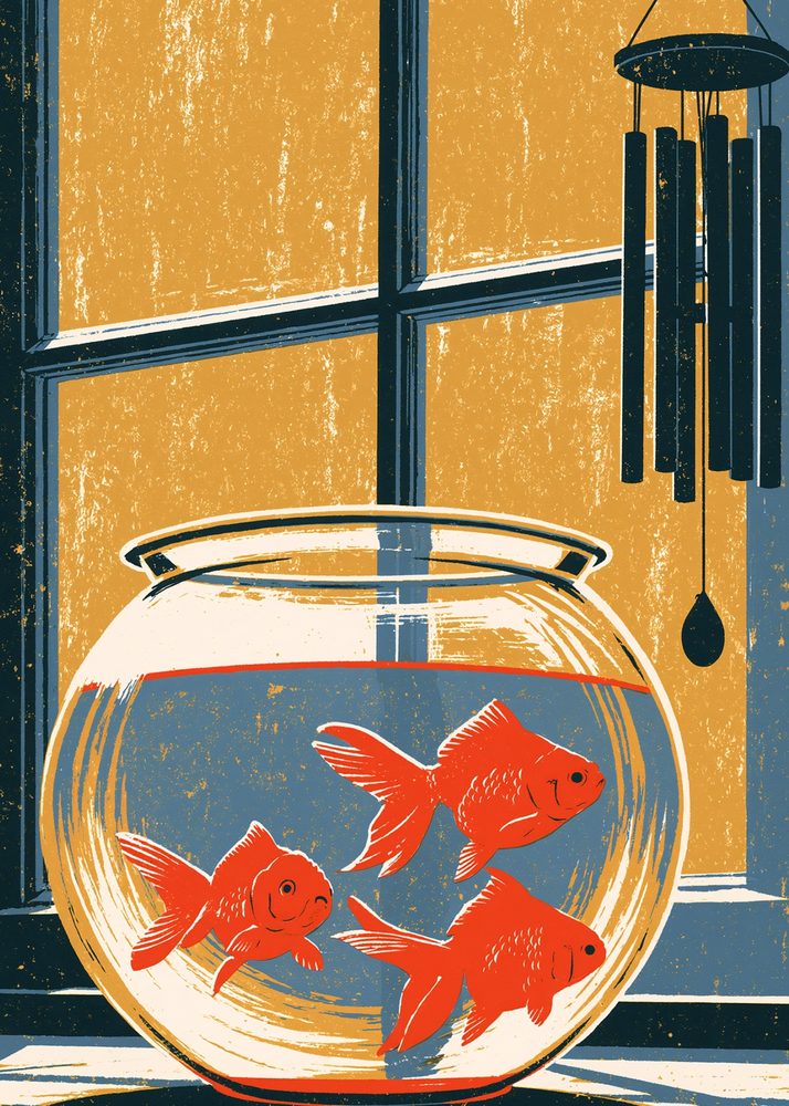 Goldfish in a bowl by a window with a wind chime