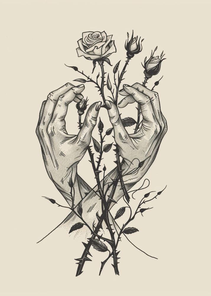 Two hands forming a heart around roses