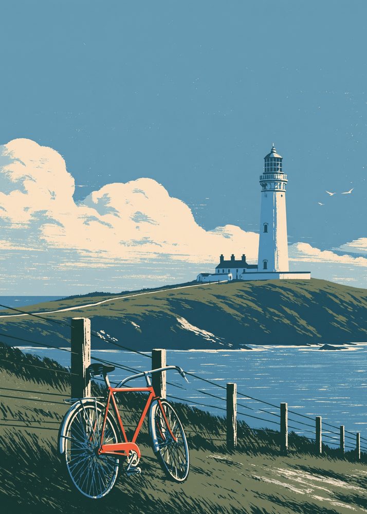 A white lighthouse on a green coastal path