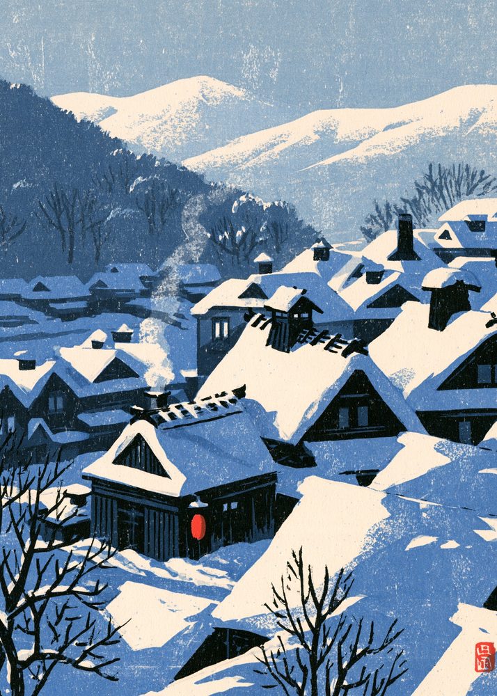 Snow-covered village rooftops in the mountains