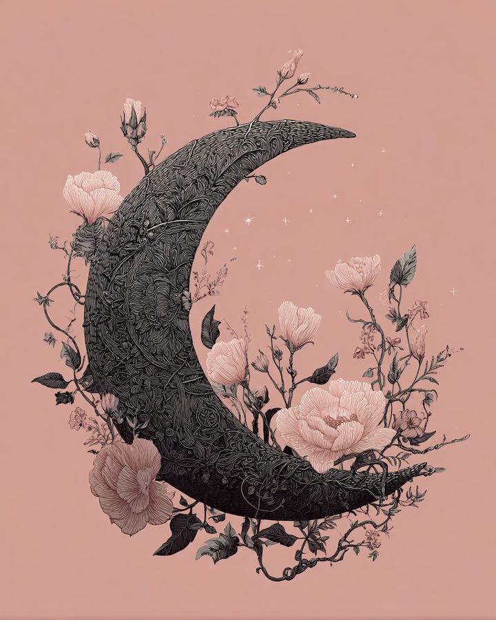 A dark crescent moon with flowers on a pink background