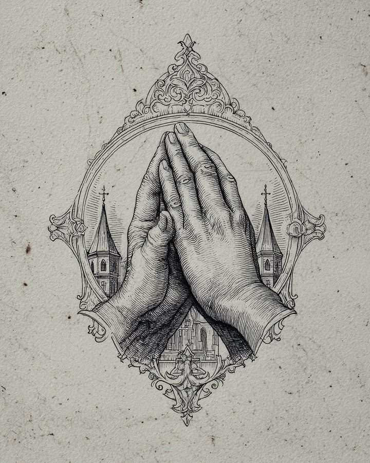 Praying hands drawn in fine line inside an ornate frame
