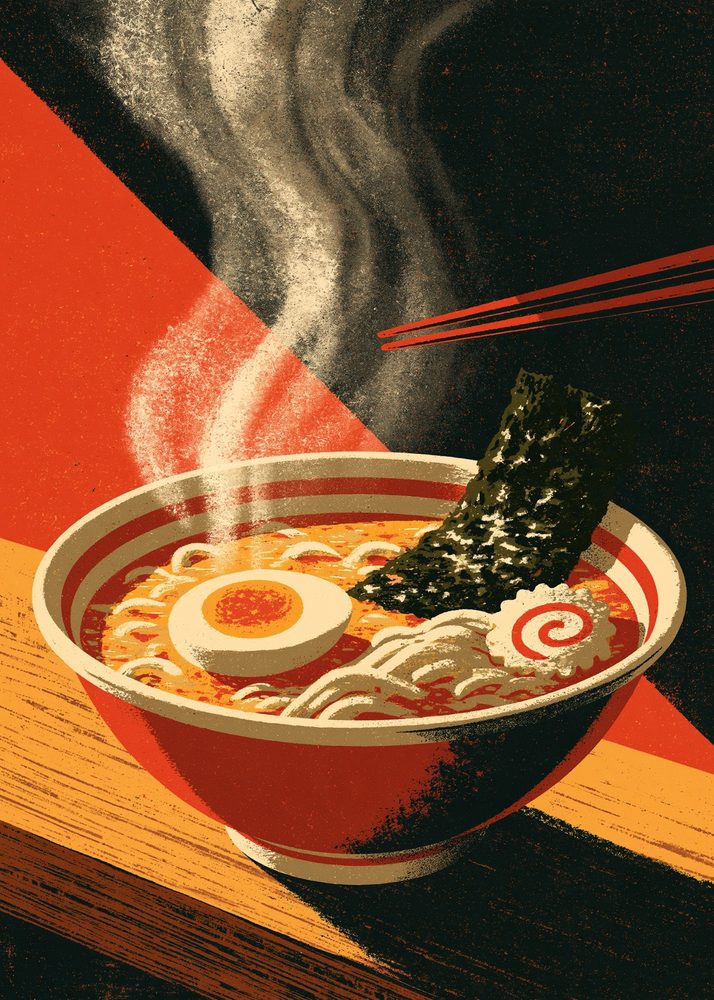 A steaming bowl of ramen with chopsticks