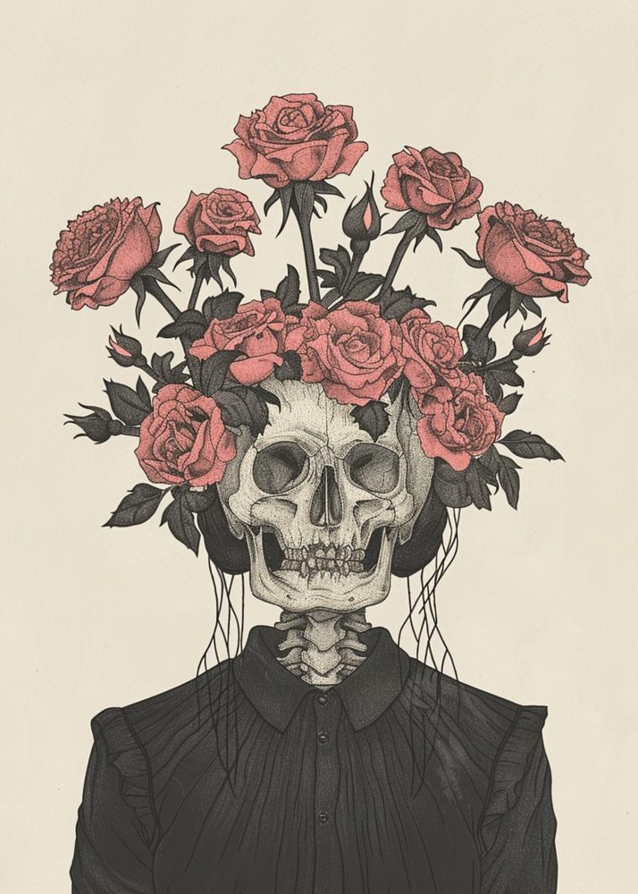 A figure with a skull head crowned with red roses