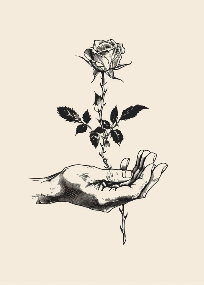 A hand holding a single black rose