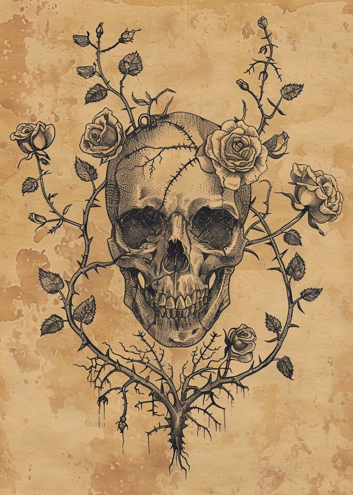 A skull surrounded by flowers on aged paper