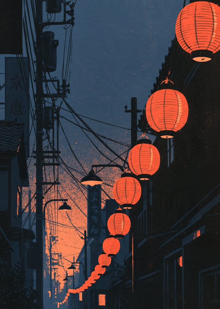 A Tokyo alley at night lit by red lanterns