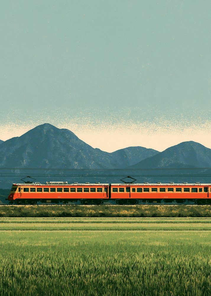An orange train crossing green countryside