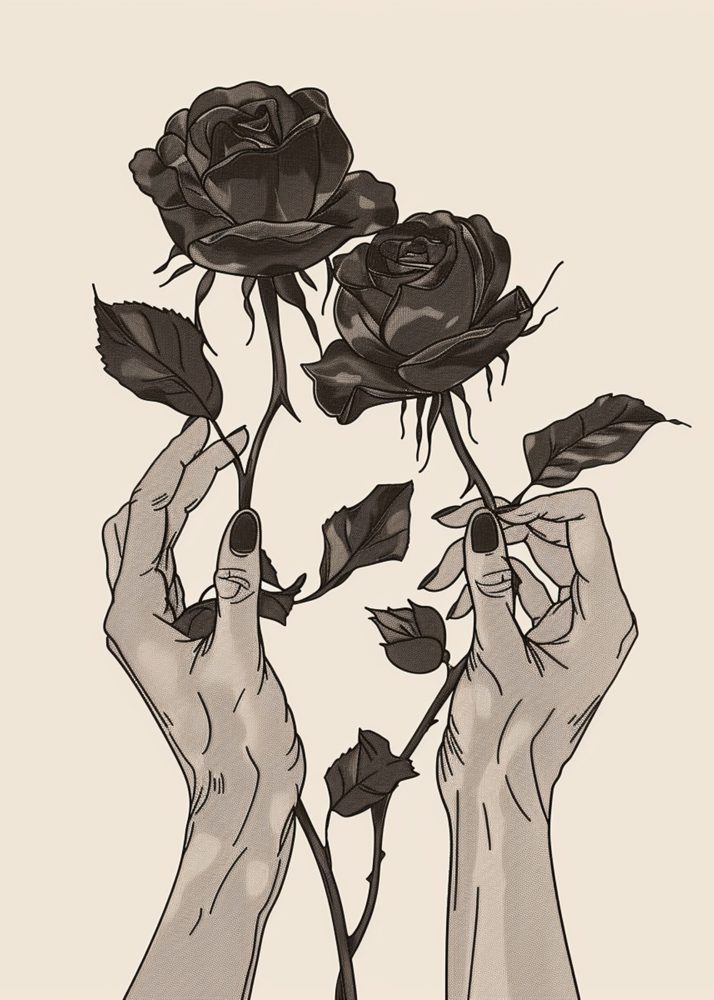 Two hands holding black roses