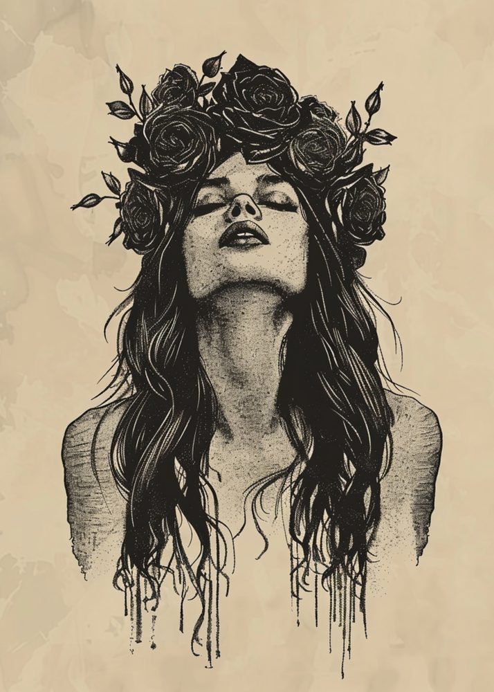 A woman wearing a crown of dark flowers