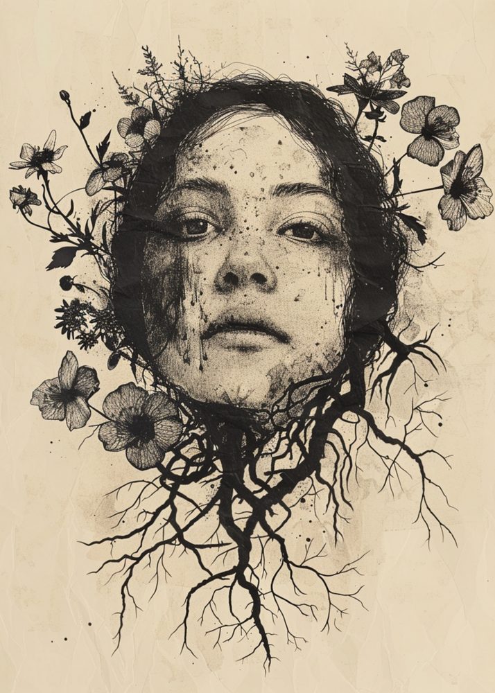A woman’s face dissolving into flowers and roots