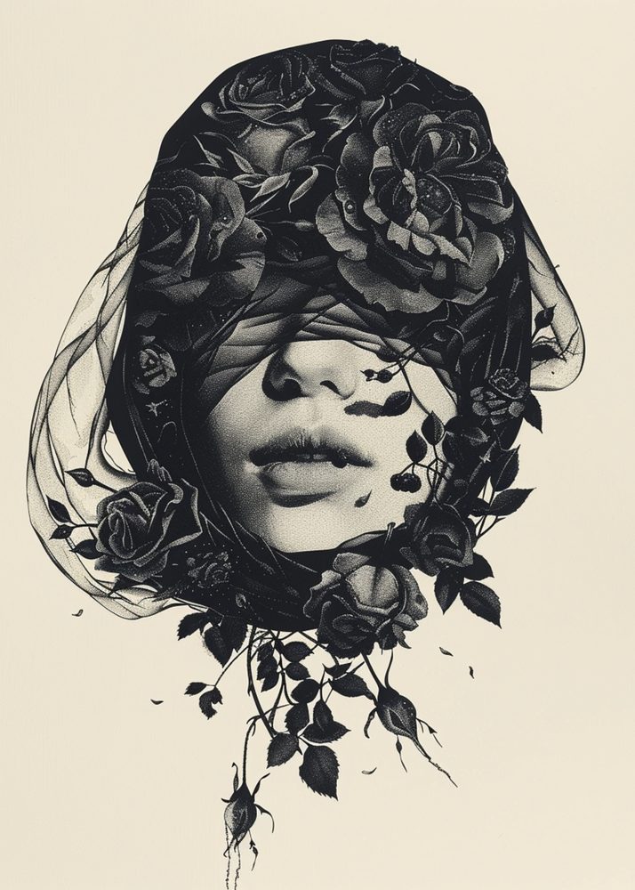 A woman with her eyes covered by a black floral veil