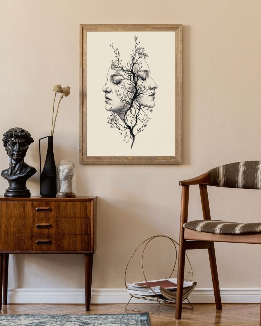 The Twin Faces fine line print framed in a living room